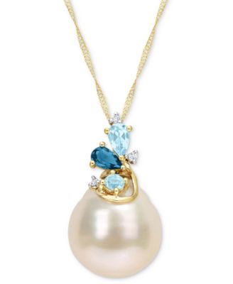 Macy's - Cultured South Sea Pearl (9-10mm), Blue Topaz (5/8 ct. t.w.), & Diamond Accent 17" Pendant Necklace in 14k Gold