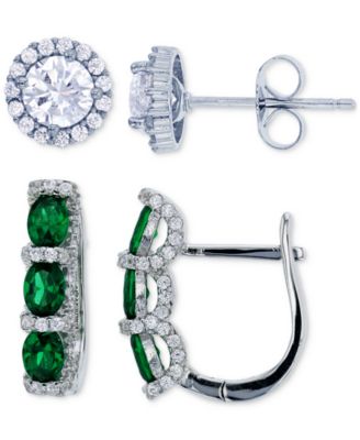 Macy's - 2-Pc. Set Lab-Grown Spinel (2 ct. t.w.) & Cubic Zirconia Halo Stud & Three Stone Leverback Earrings in Sterling Silver (Also in Green Cubic Zirconia & Lab-Grown Ruby)