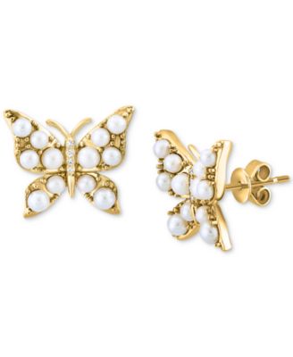 EFFY Collection - Freshwater Pearl (2 - 2-1/2mm) & Diamond Accent Butterfly Stud Earrings in 14k Gold