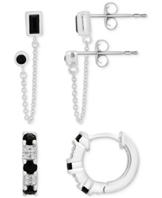 Macy's - 2-Pc. Set Onyx & White Topaz Double Pierced Chain Earrings, & Small Huggie Hoop Earrings in Sterling Silver