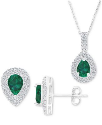 Macy's - 2-Pc. Set Lab-Grown Emerald (2-3/8 ct. t.w.) & Lab-Grown White Sapphire (1 ct. t.w.) Teardrop Halo Pendant Necklace & Matching Stud Earrings in Sterling Silver