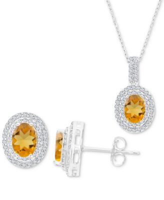 Macy's - 2-Pc. Set Citrine (2-3/8 ct. t.w.) & Lab-Grown White Sapphire (1-1/10 ct. t.w.) Oval Halo Pendant Necklace & Matching Stud Earrings in Sterling Silver