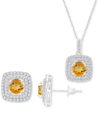 Macy's - 2-Pc. Set Citrine (2-5/8 ct. t.w.) & Lab-Grown White Sapphire (7/8 ct. t.w.) Square Halo Pendant Necklace & Matching Stud Earrings in Sterling Silver