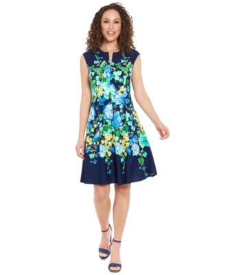 London Times - Petite Split-Neck Floral-Print Fit & Flare Dress