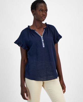 Tommy Hilfiger - Women's Cotton Ruffled Raglan-Sleeve Top