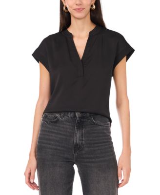 Vince Camuto - Women's Mixed-Media Split-Neck Short-Sleeve Top