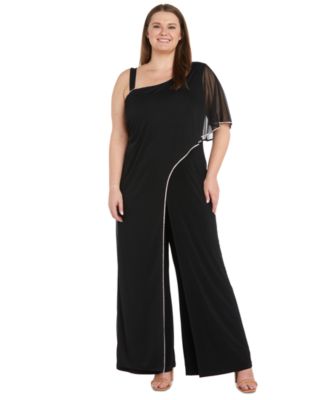 R & M Richards - Plus Size Asymmetric-Neck Overlay Jumpsuit