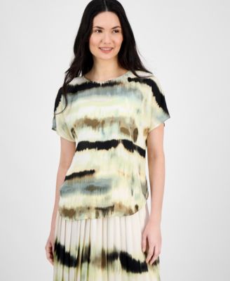 Anne Klein - Petite Printed Short-Sleeve Boat-Neck Top