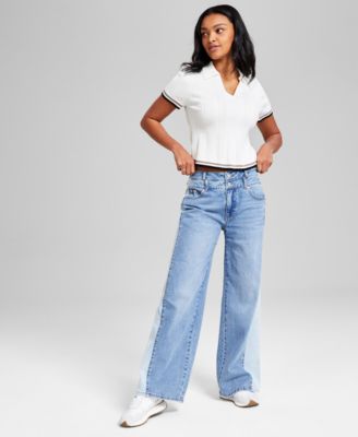 And Now This - Petites Two-Tone Wide-Leg Double-Waist Jeans