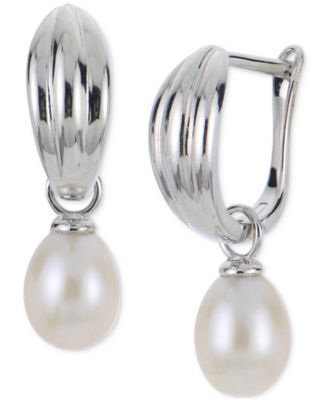 Macy's - Cultured Freshwater Pearl (6-1/2-7mm) Charm Hoop Earrings in Sterling Silver