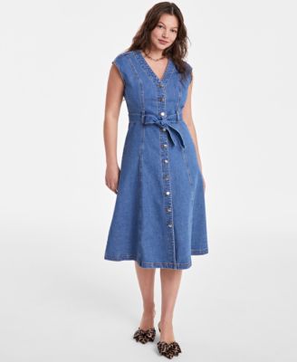 On 34th - Women's Sleeveless Belted Denim Midi Dress