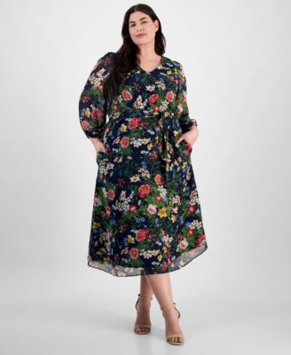 Anne Klein - Plus Size Printed Blouson-Sleeve Midi Dress