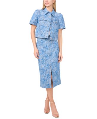 CeCe - Women's Floral Denim Split-Front Midi Skirt
