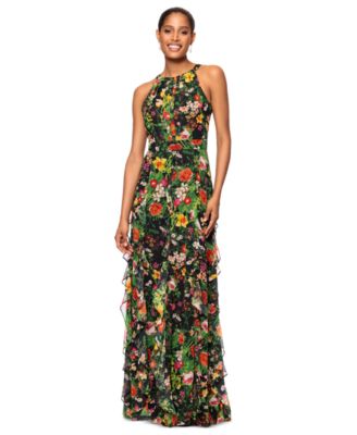 Betsy & Adam - Petite Printed Ruffled Halter-Neck Gown