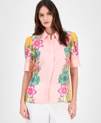 T Tahari - Women's Elbow-Sleeve Button-Front Blouse