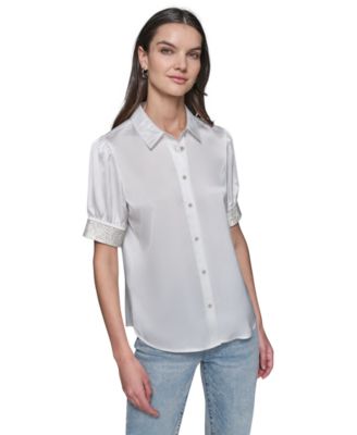 KARL LAGERFELD PARIS - Women's Rhinestone-Cuff Satin Blouse