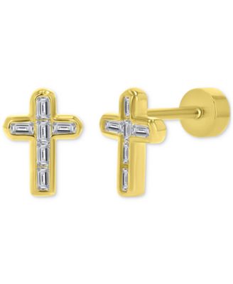 Macy's - Cubic Zirconia Baguette Cross Stud Earrings in 14k Gold-Plated Sterling Silver