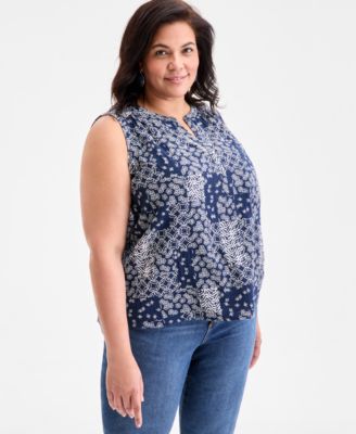Style & Co - Plus Size Indigo Patchwork Print Perfect Cotton Tank Top