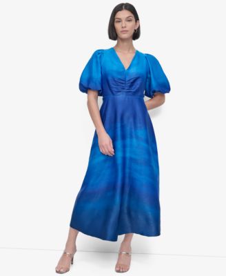 DKNY - Women's Printed Satin Puff-Sleeve Midi Dress