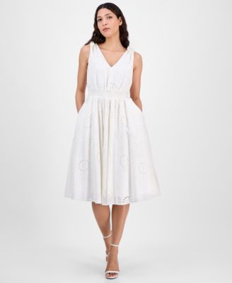 Anne Klein - Women's Cotton Eyelet Sleeveless Fit & Flare Dress