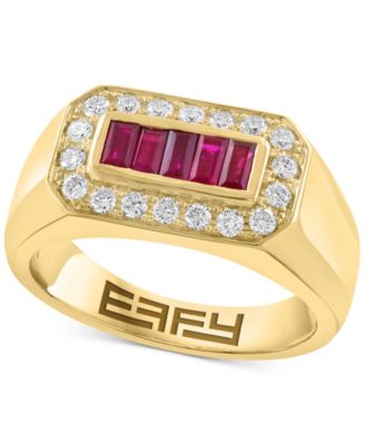 EFFY Collection - Men's Ruby (5/8 ct. t.w.) Diamond (3/8 ct. t.w.) Baguette Halo Ring in 14k Gold