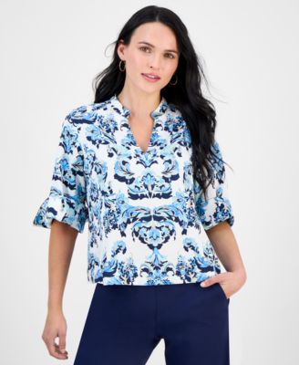 JM Collection - Petite Floral-Print Split-Neck Cuffed-Sleeve Top