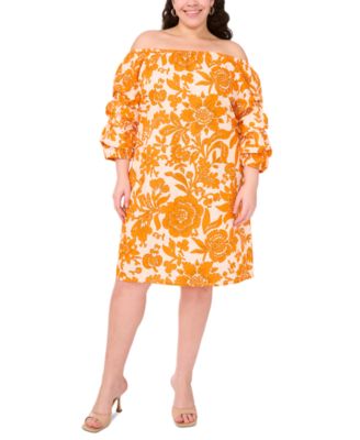MSK - Plus Size Printed Cotton Off-The-Shoulder Dress