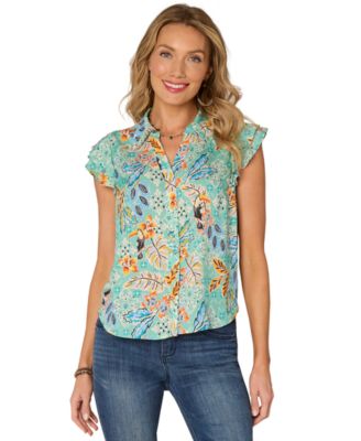 Democracy - Petite Floral-Print Double-Flutter Blouse