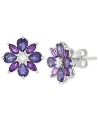 Macy's - Iolite (1 ct. t.w.), Amethyst (1/2 ct. t.w.) & White Topaz (1/20 ct. t.w) Flower Stud Earrings in Sterling Silver