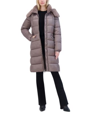 Tahari - Women's Shine Faux-Fur-Trim Hooded Puffer Coat
