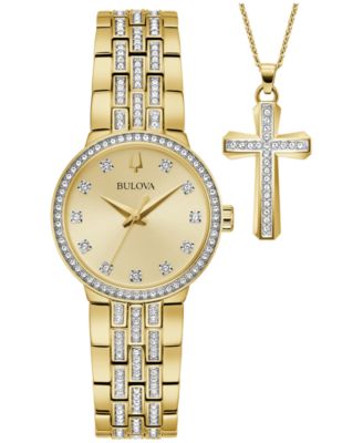 Bulova - Women's Crystal Gold-Tone Stainless Steel Bracelet Watch 29mm Gift Set