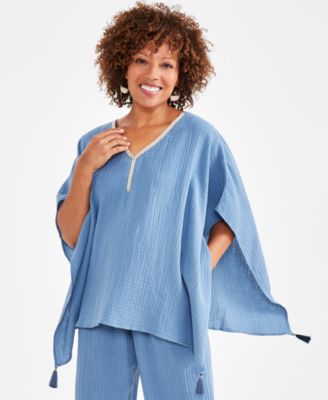 JM Collection - Petite Embellished-Neck Tassel-Trim Poncho Top