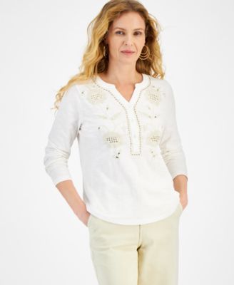 Style & Co - Petite Embroidered Split-Neck Cotton Top, Created for Macy's