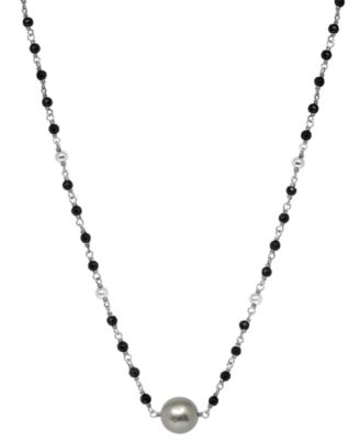 EFFY Collection - Cultured Tahitian Black Pearl (3-11mm) and Onyx (3mm) 20" Pendant Necklace in Sterling Silver