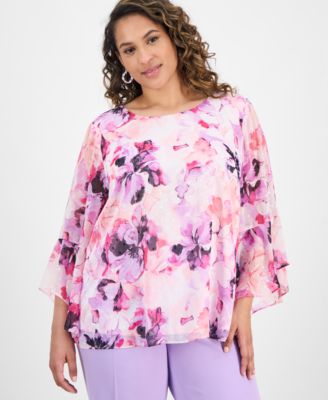 Kasper - Plus Size Printed Bell-Sleeve Blouse