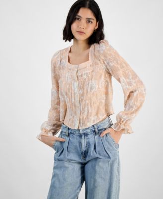 And Now This - Petite Floral Pleated Crochet-Inset Blouse