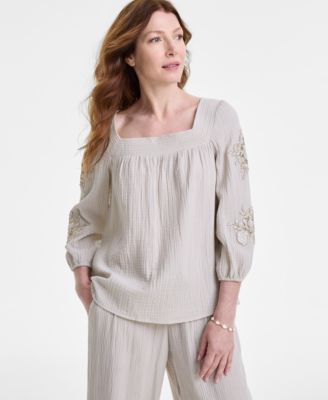 JM Collection - Women's Cotton Floral-Appliqu&eacute; Top, Exclusively at Macy's