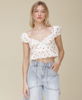 Avec Les Filles - Women's Cotton Printed Pleated Cropped Peplum Blouse
