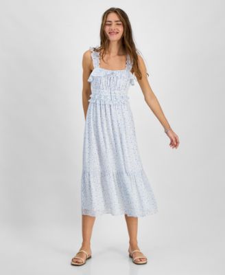 Kingston Grey - Juniors' Floral-Print Ruffled Square-Neck Sleeveless Midi Dress