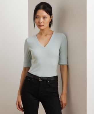 Lauren Ralph Lauren - Petite Stretch Cotton Elbow-Sleeve V-Neck Tee