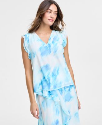 Jones New York - Petite Printed Ruffle-Trim Sleeveless Top