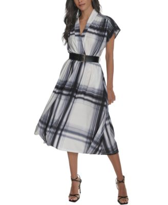 Calvin Klein - Women's Plaid Belted A-Line Dress