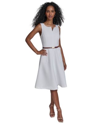 Calvin Klein - Women's Split-Neck Belted Scuba Dress