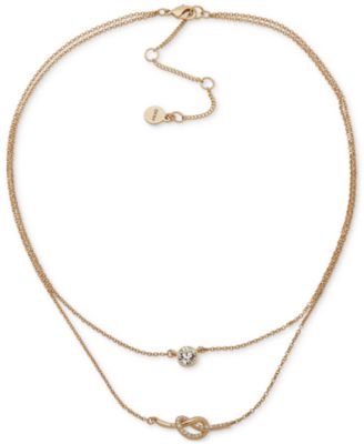 DKNY - Gold-Tone Crystal Solitaire & Pav&eacute; Knot Layered Collar Necklace, 16" + 3" extender
