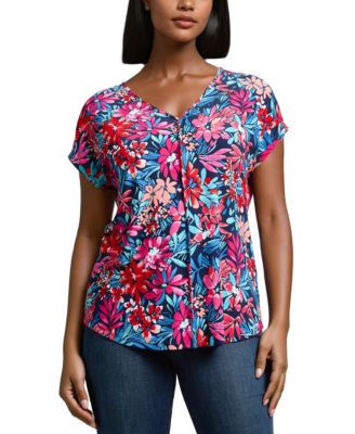 Jones New York - Women's Garden Print V-Neck Jersey Top