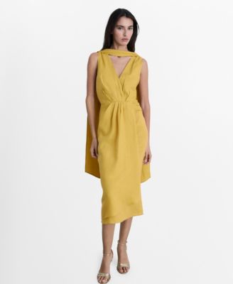 MANGO - Women's Linen Pleated Midi-Dress