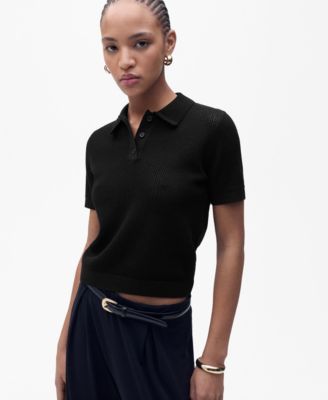MANGO - Women's Openwork Knitted Polo-Neck Sweater