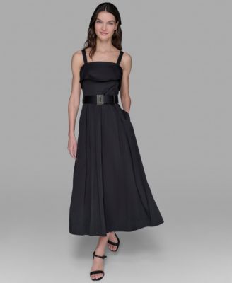 KARL LAGERFELD PARIS - Women's Square-Neck Belted Fit & Flare Dress