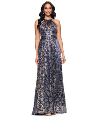 Betsy & Adam - Petite Metallic Floral Print Sleeveless Gown