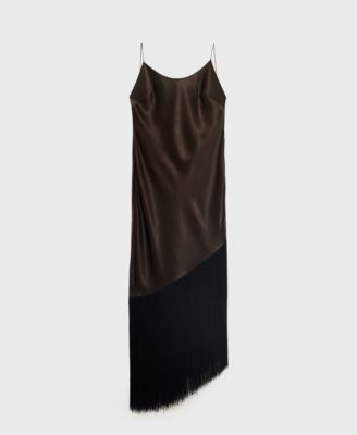 MANGO - Women's Fringes Detail Asymmetrical Satin Dress